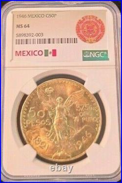 1946 Mexico Gold 50 Pesos G50p Ngc Ms 64 Bright Beautiful Bu Luster Scarce Date