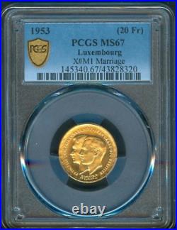 1953 Luxembourg Gold 20-francs Grand Duc Jean Ngc Ms 67 Rarity R-8 7/0 Top Pop