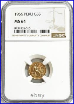 1956 Gold Peru 5 Soles Seated Liberty Coin Ngc Mint State 64