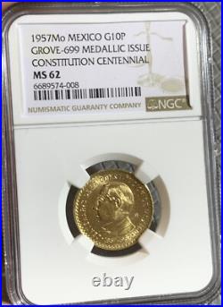 1957 Mexico 10 Peso Gold Coin Grove-699 Medal Constitution Ngc Ms62 1957 Mexico 10 Peso Gold Coin Grove-699 Medal Constitution Ngc Ms62