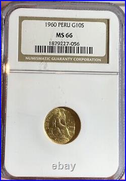 1960 Gold Peru 10 Soles Seated Liberty Coin Ngc Ms 66