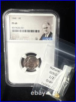 1960 Roosevelt Dime PF69 And 1/2 Gram Of Natural Gold Nuggets