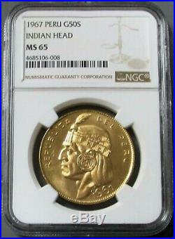 1967 Gold Peru 50 Soles Indian Head Coin Ngc Mint State 65