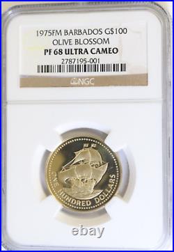 1975 Fm Gold Barbados Ngc Pf 68 Ultra Cameo G$100 Olive Blossom Proof