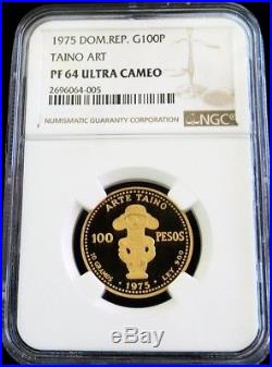 1975 Gold Dominican Republic 100 Peso Taino Art Coin Ngc Proof 64 Ultra Cameo