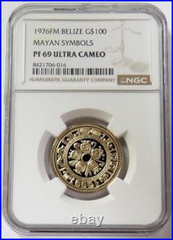 1976 Fm Gold Belize $100 Mayan Symbols Ngc Proof 69 Ultra Cameo