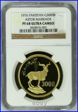 1976 Pakistan Astor Markhor Gold Coin NGC Proof 68 Ultra Cameo, 3000 Rupees RARE