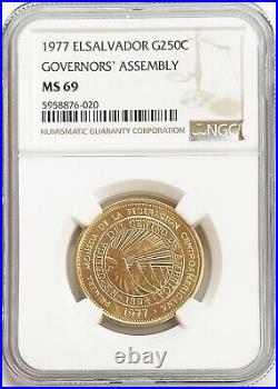 1977 GOLD EL SALVADOR 250 COLONES 18th GOVERNORS ASSEMBLY COIN NGC MINT STATE 69