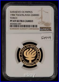 1984 5000 Dinara Yugoslavia Gold Sarajevo Olympics NGC PF 69.2315 AGW G4949 1984 5000 Dinara Yugoslavia Gold Sarajevo Olympics NGC PF 69.2315 AGW G4949