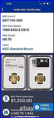 1986 $10 American Gold Eagle NGC MS70