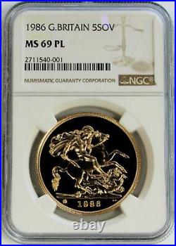 1986 Gold Great Britain 5 Pounds Coin Ngc Mint State 69 Proof Like