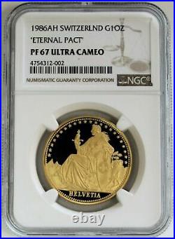 1986 Gold Switzerland 1 Oz Helvetia Eternal Pact Coin Ngc Proof 67 Uc