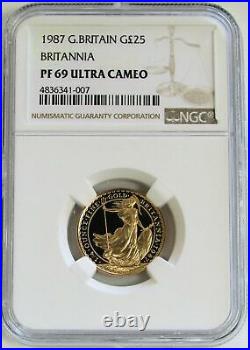 1987 Gold Great Britain 25 Pounds Britannia Coin Ngc Proof 69 Ultra Cameo