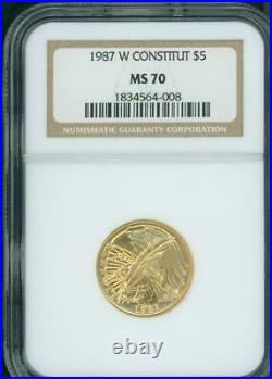 1987-W $5 GOLD COMMEMORATIVE 1/4 Oz. CONSTITUTION NGC MS70 BEAUTIFUL