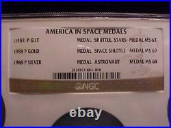 1988 AMERICA IN SPACE UNC 3 COIN GOLD SILVER & BRONZE MEDAL SET NGC Graded