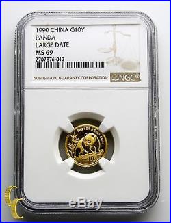 1990 Gold Chinese Panda 1/10 oz 10 Yuan Graded by NGC MS 69 Large Date