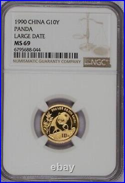 1990 Gold Panda 1/10 oz. 10 Yuan Large Date NGC MS69. Free Shipping
