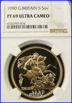 1990 Great Britain Gold 5 Pounds 5 Sov Ngc Pf 69 Ultra Cameo Very High Grade