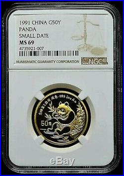 1991 China 50 Yuan Small Date Gold Panda Coin NGC/NCS MS69 Conserved & Rare