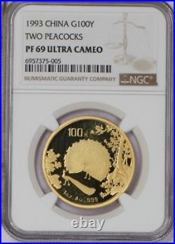 1993 Gold Two Peacocks 1 oz. 100 Yuan NGC PF69 Ultra Cameo. Rare. Mintage 1,200 1993 Gold Two Peacocks 1 oz. 100 Yuan NGC PF69 Ultra Cameo. Rare. Mintage 1,200