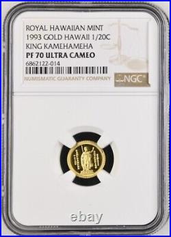 1993 Royal Hawaiian Mint Proof Gold 1/20C. KAMEHAMEHA SOVEREIGN HAWAII. PF 70