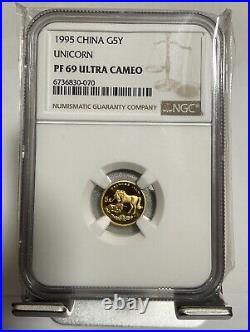 1995 CHINA gold 5 YUAN PROOF UNICORN 1/20 OZ COIN, NGC PF 69 UC
