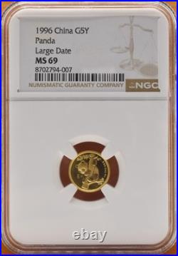 1996 China Gold Panda 5 Yuan Large Date 1/20 oz. 999 Fine NGC MS 69 Buy It Now