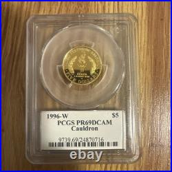 1996 W Gold Coin $5 Cauldron PCGS PR69DCAM John Mercanti Signed Atlanta Olympics