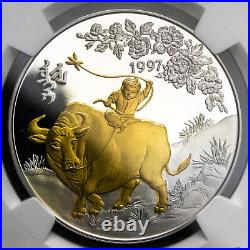 1997 Mongolia Lunar Year of the Ox 1 Oz Silver Proof Gold Gilded Coin NGC PF 69