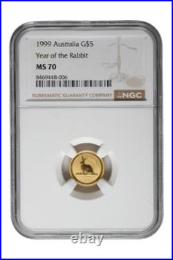 1999 1/20 oz Gold Australia Lunar Rabbit NGC MS 70