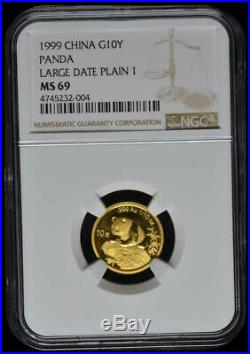 1999 China 10 Yuan Large Date Plain 1 Gold Panda Coin NGC MS69 Rare