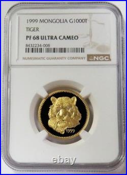 1999 Gold Mongolia 1000 Togrog Tiger Diamond Eyes Ngc Pf 68 Ultra Cameo