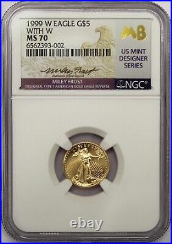 1999 W $5 1/10 Oz Gold Eagle W Unfinished Die Error Coin Ngc Ms70 Miley Frost