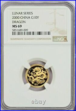 2000 Gold Lunar Dragon 10 Yuan NGC MS69