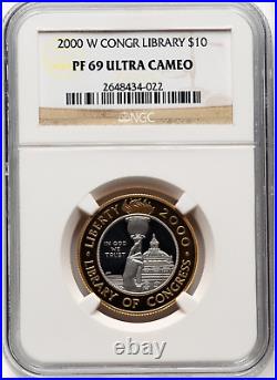 2000-w Gold And Platinum $10 Bi-metal Library Of Congress Ngc Pf69 Ultra Cameo