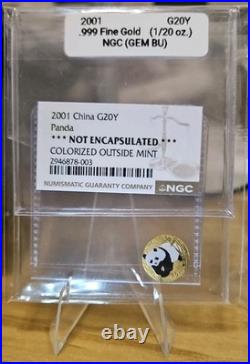 2001 Chinese GOLD Panda+Colorized+ 20 Yaun (1/20 Toz) NGC Verified +GEM BU