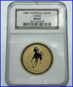 2002 NGC MS69 Austrlia Gold $100 Year Of The Horse Flawless Coin