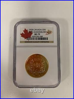 2004 Gold Canada $50 Maple Leaf 1 Oz 25th Anniversary Coin Ngc Mint State Ms70