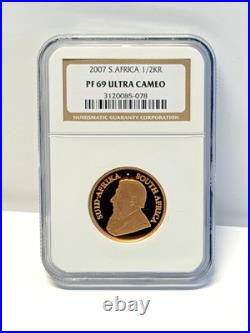 2007 South Africa 1/2 KR PF 69 Ultra Cameo 1/2 Ounce Fine Gold NGC Graded