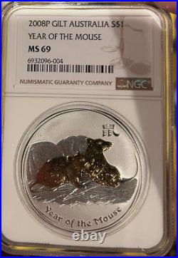 2008-P Gilt Australia Year of the Mouse NGC MS-69 Freshly Graded
