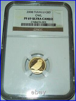 2008 Tuvalu Owl Gold $3 NGC PF 69 Ultra Cameo 1/25 oz Fine Gold