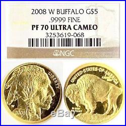 2008-W American Gold Buffalo PF70 ULTRA CAMEO NGC. 9999 Fine 24KT G$5 Coin RARE