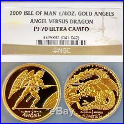 2009 Gold Isle Of Man Angel Vs Dragon Set Pf70 Ngc 2 Proof 1/4 Oz. 9999 Coins