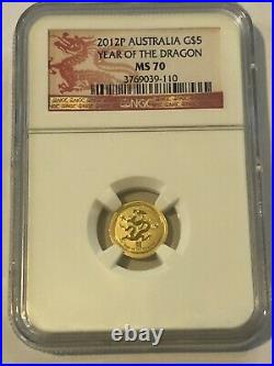 2012P Australia G $ 5 Year of The Dragon MS 70 1/20th Ounce. 9999 Fine GOLD NGC