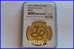 2013-p Australia Perth Mint One 1 Oz Lunar Gold G$100 Year Of Snake Ngc Ms 70