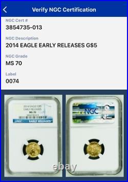 2014 $5 American Gold Eagle Early Releases NGC MS-70 Pristine No Toning