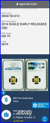 2014 $5 American Gold Eagle Early Releases NGC MS-70 Pristine No Toning