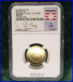 2014 W NGC MS 70 Baseball Hall of Fame GOLD $5 Coin, Ty Cobb Facsimile Label