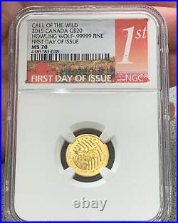 2015 Canada 1/10 oz. 99999 Fine Gold. Howling Wolf FDI. NGC Graded MS70