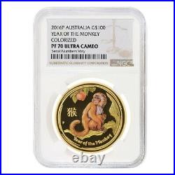 2016 1 oz Colorized Proof Gold Lunar Year of The Monkey NGC PF 70 UCAM